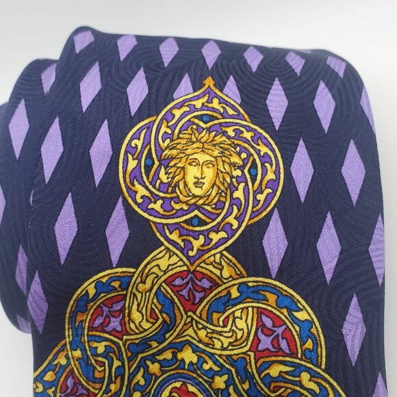VTG VERSACE Men's Silk Tie Mandala Emblem Design Geometric Pattern Red Blue - Picture 3 of 10
